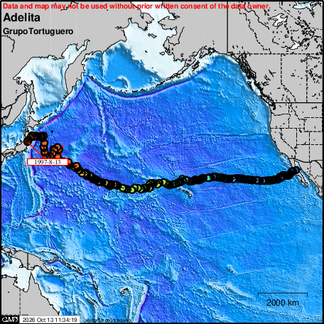 Map of Adelita's satellite track across the Pacific Ocean